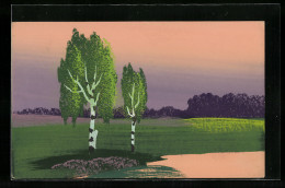 Künstler-AK Handgemalt: Landschaft Mit Birken Am Abend, Schablonenmalerei  - 1900-1949