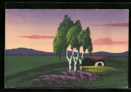 Künstler-AK Handgemalt: Landschaft Mit Bäumen, Schablonenmalerei  - 1900-1949