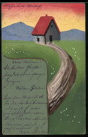 Künstler-AK Handgemalt: Landschaft Mit Haus Und Bergen, Schablonenmalerei  - 1900-1949