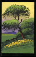 Künstler-AK Handgemalt: Bäume Auf Einer Wiese, Schablonenmalerei  - 1900-1949