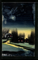 Künstler-AK Handgemalt: Häuser Auf Einer Wiese Bei Mondschein, Schablonenmalerei  - 1900-1949