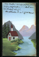 Künstler-AK Handgemalt: Uferpartie Mit Kirche, Schablonenmalerei  - 1900-1949