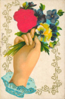 Gaufré Stoff Lithographie Weibliche Hand, Blumen, Stiefmütterchen - Other & Unclassified
