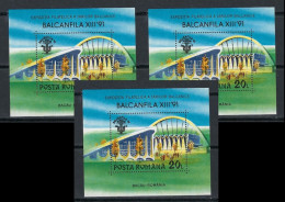 ● ROMANIA 1991 ֍ BALCANFILA Expo Filatelia ● Padiglioni ● Cat. 1,20 € ● BF N.° 210 **  X 3 ● Lotto N. 364 ● - Blocks & Kleinbögen