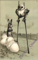 Gaufré Lithographie Glückwunsch Ostern, Küken Auf Stelzen, Hase, Eier - Easter