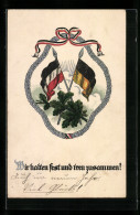 Lithographie Fahnen Des Zweibunds Mit Eichenlaub Im Kranz  - Guerre 1914-18