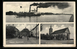 AK Kappel, Dampfer Auf Dem Rhein, Hauptstrasse, Kirche Mit Kriegerdenkmal  - Other & Unclassified