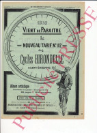 Publicité 1910 Cycles Hirondelle Bcyclette Vintage Vélo Ancien Pneu Rétro-Directe Hirondelle N° 15A Cycliste - Publicités