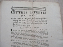 Révolution Lettres Patentes  Du Roi 21/05/1790 Retraits Féodaux Ou Censuels Sans Effet - Decrees & Laws