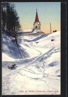 AK St. Moritz, Kirche Mit Rodler Im Schnee  - Other & Unclassified