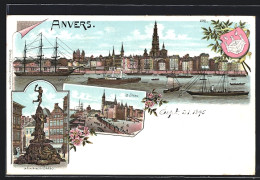 Lithographie Anvers, Panorama La Fontaine De Brabo, Le Steen  - Autres & Non Classés