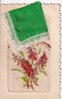 POCHETTE VERTE ET FLEURS              CARTE BRODEE - Bordados