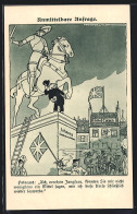 Künstler-AK Unmittelbare Anfrage - Karikatur: Poincaré Am Standbild Der Jungfrau Von Orleans In Calais  - War 1914-18