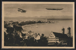 AK Zeppelin Und Flugzeug über Dem Bodensee  - Aeronaves