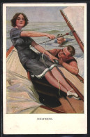 AK Delphine, Junge Dame Auf Einem Segelboot U. Zwei Herren Im Wasser  - Sailing