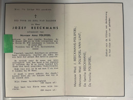 Devotie DP - Overlijden Jozef Beeckmans Echtg Polspoel - Sint-Agatha-Berchem 1899 - Leuven 1954 - Obituary Notices