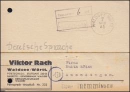 Gebühr Bezahlt Und Taxe-Stempel 6 Rpf. Auf Postkarte WALDSEE (WÜRTT.) 7.11.1945 - Cartas & Documentos