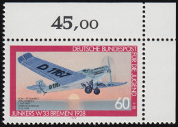 1007 Jugend Luftfahrt Junkers 60+30 Pf ** Ecke O.r. - Unused Stamps