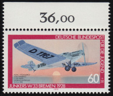 1007 Jugend Luftfahrt Junkers 60+30 Pf ** Oberrand - Unused Stamps