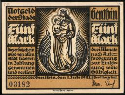 Notgeld Genthin 1921, 5 Mark, Heilige Madonna, Ortspartie Mit Kirche  - [11] Local Banknote Issues