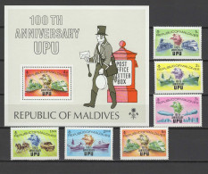 Maldives 1974 UPU Centenary, Trains, Ships, Zeppelin Set Of 6 + S/s MNH - U.P.U.