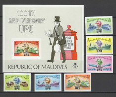 Maldives 1974 UPU Centenary, Trains, Ships, Zeppelin Set Of 6 + S/s Imperf. MNH -scarce- - U.P.U.