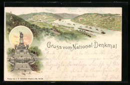 Lithographie National-Denkmal In Niederwald, Einzelansicht Und Ansicht Aus Der Vogelschau  - Other & Unclassified