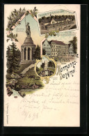 Lithographie Detmold, C. Reineckes Gasthof, Hotel Frankfurt, Hermanns-Denkmal Und Bismarck-Stein  - Detmold