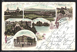 Lithographie Gotha, Panorama, Schloss Friedenstein, Rathaus, Orangerie & Hoftheater  - Teatro