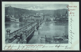 Mondschein-AK Urfahr /Linz A. D. D., Donaubrücke Mit Strassenbahn Und Dampfer  - Autres & Non Classés