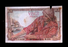 JC, Billet, France, Vingt, 20 Francs Pêcheur, 7-10-1943, 2 Scans - 20 F 1942-1950 ''Pêcheur''