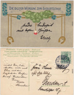  Geburtstag, Präge-Goldkarte, Hufeisen, Kleeblatt - Jugenstil 1910  - Birthday