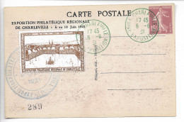 Entier Postal Semeuse Camée 15c Timbré Sur Commande (SEC G3) Expo CHARLEVILLE 6.1931 Vignette Errinophilie CAD Vert - Overprinter Postcards (before 1995)