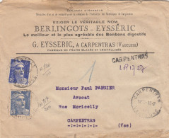 VAUCLUSE ENV ENTETE BERLINGOTS EYSSERIC 1946 CARPENTRAS TYPE A5 LETTRE RECOMMANDEE PROVISOIRE LOCALE 6F ET 4F GANDON - 1921-1960: Modern Period