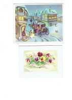 Grande Double Carte - Lot 2 - Illustration - Paysage Hiver Neige Calèche Bagage Femme élégante Chien Fleurs JUB - Flores