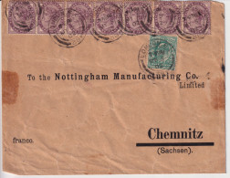 1938 London Cover To Nottingham Manufacturing Co. Chemnitz Sachsen With 1881 1d QV Lilac Die II (Strip Of 7) - Covers & Documents