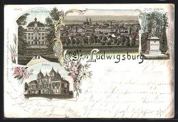 Lithographie Ludwigsburg / Württemberg, Schiller-Denkmal, Schloss, Gesamtansicht Im Schmuckrahmen  - Ludwigsburg