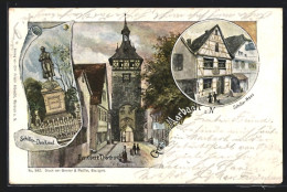 Lithographie Marbach A. N., Der Obere Torturm, Schiller-Haus, Schiller-Denkmal  - Marbach