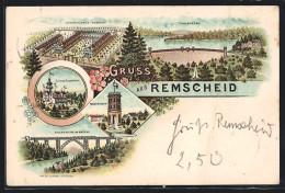 Lithographie Remscheid, Ausstellungs-Gebäude, Schloss Küppelstein, Wasserturm  - Remscheid