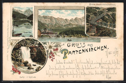 Lithographie Partenkirchen, Brücke über Die Höllenthalklamm, Eibsee, Risser See  - Autres & Non Classés