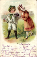 Lithographie Kinder, Liebespaar, Geschenk, Blumen, Wiese - Autres & Non Classés