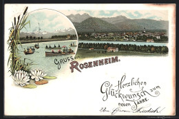 Lithographie Rosenheim / Bayern, Teilansicht, Uferpartie Mit Booten, Neujahrsgruss  - Rosenheim