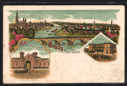 Lithographie Neu-Ulm, Infanterie Kaserne, Bahnhof, Donaubrücke Als Ortstrennung, Ulmer Münster  - Neu-Ulm