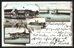 Lithographie Friedrichshafen A. B, Restaurant Bahnhof-Terrasse, Hafeneinfahrt, Schloss, Bahnhof  - Friedrichshafen