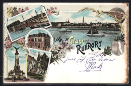 Lithographie Ruhrort, Panorama, Postamt, Krieger-Denkmal Und Kaiser-Denkmal  - Otros & Sin Clasificación