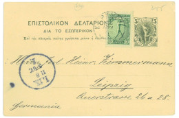 P3421 - GREECE , 5 L. STATIONERY P.C. WITH ADDITIONAL 5 L. STAMP, 1906, FROM KERKIRA TO GERMANY - Summer 1896: Athens