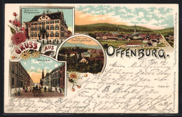 Lithographie Offenburg, Lehr- & Erziehungsanstalt, Bahnhofstrasse, Rathaus Mit Drakedenkmal  - Offenburg