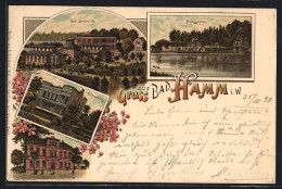Lithographie Hamm / Westfalen, Ortspanorama, Rietzgarten, Silverberg, Feldhaus, Blumen, Um 1900  - Hamm