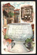 Lithographie Bozen, Batzenhäusl, Innenansicht, Weinglas, Weinreben, Um 1900  - Bolzano