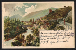 Lithographie Meran, Gilfpromenade Mit Brücke Und Bergpanorama  - Autres & Non Classés